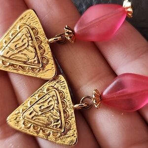 Gold and Pink Triangle Drop Earrings